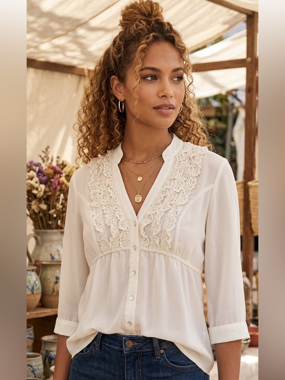 LOVE + HAIGHT Romantic Ruffle V-Neck Blouse – Cream‎ – Size M